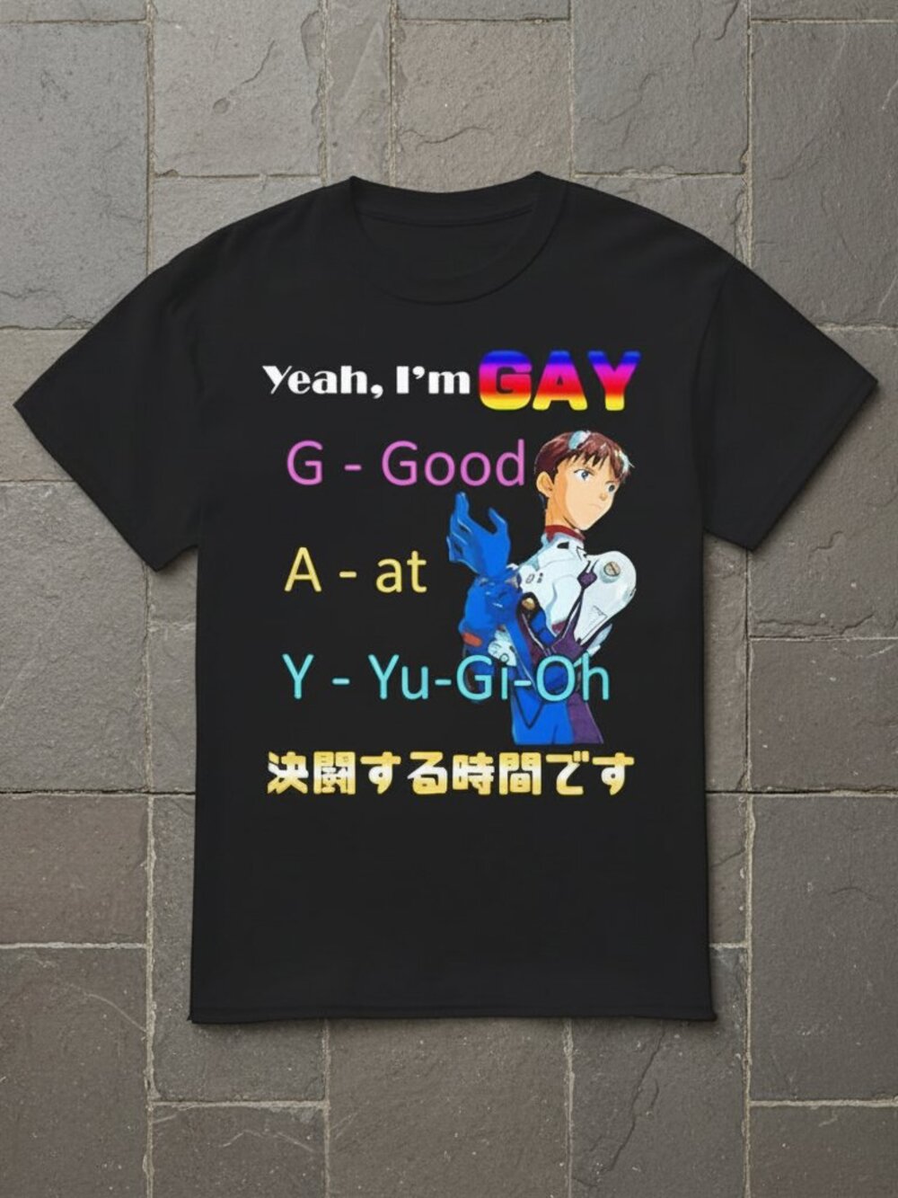 Funny Anime Parody Graphic Tee – “Yeah I’m GAY Good At Yu-Gi-Oh” Rainbow Humor